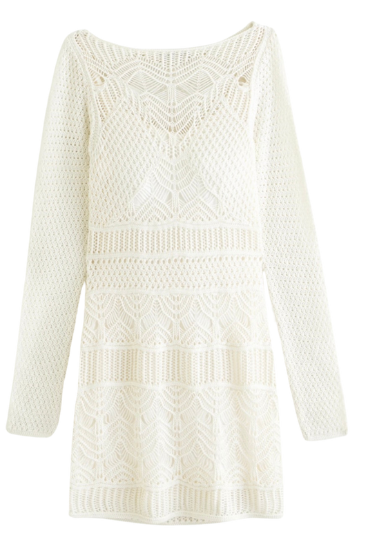 WHITE Long-Sleeve Crochet-Style Mini Dress